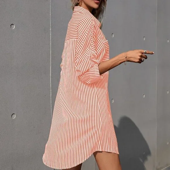 Coral Orange Casual Women's Striped Rolled Sleeve Shirt Dress - Picture 2 of 5